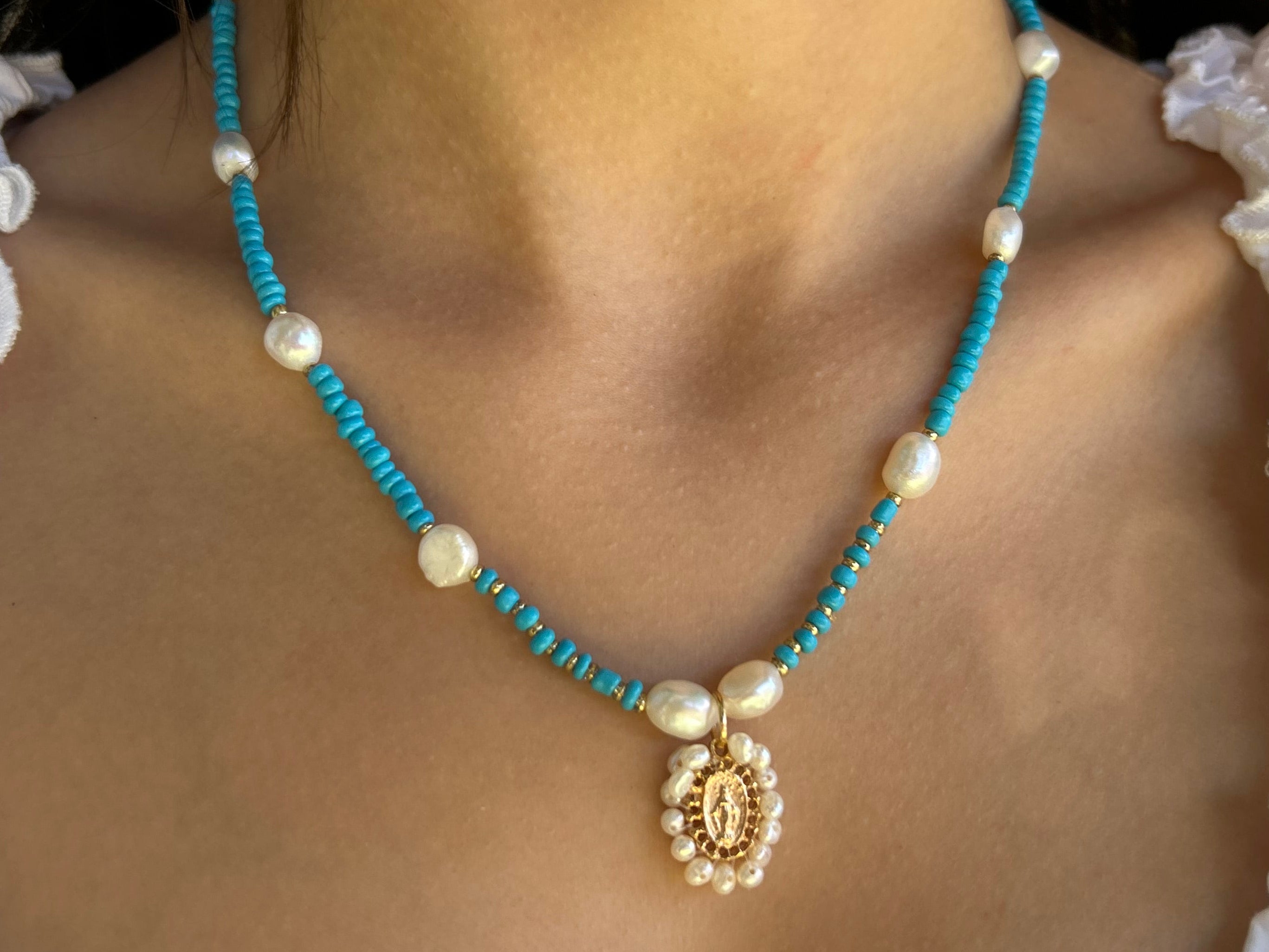 Miraculous Medal Turquoise & Pearl Necklace
