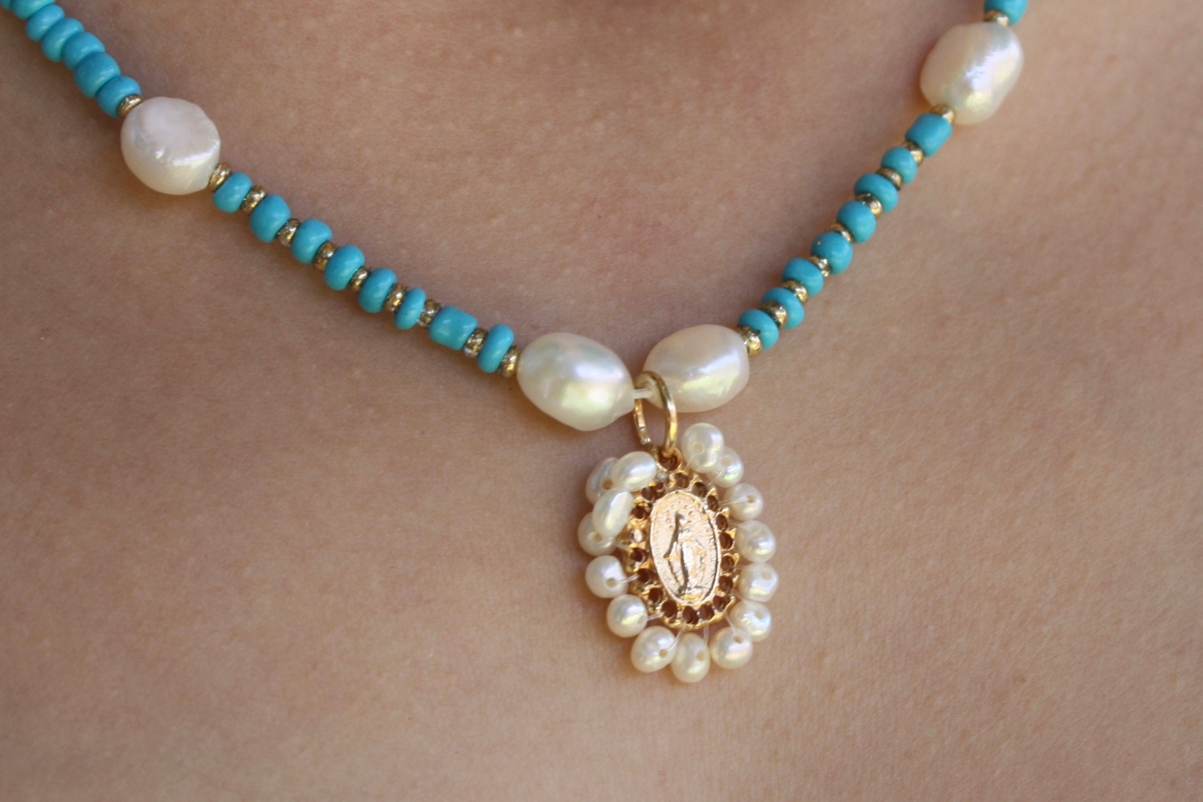 Miraculous Medal Turquoise & Pearl Necklace