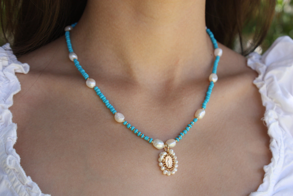 Miraculous Medal Turquoise & Pearl Necklace