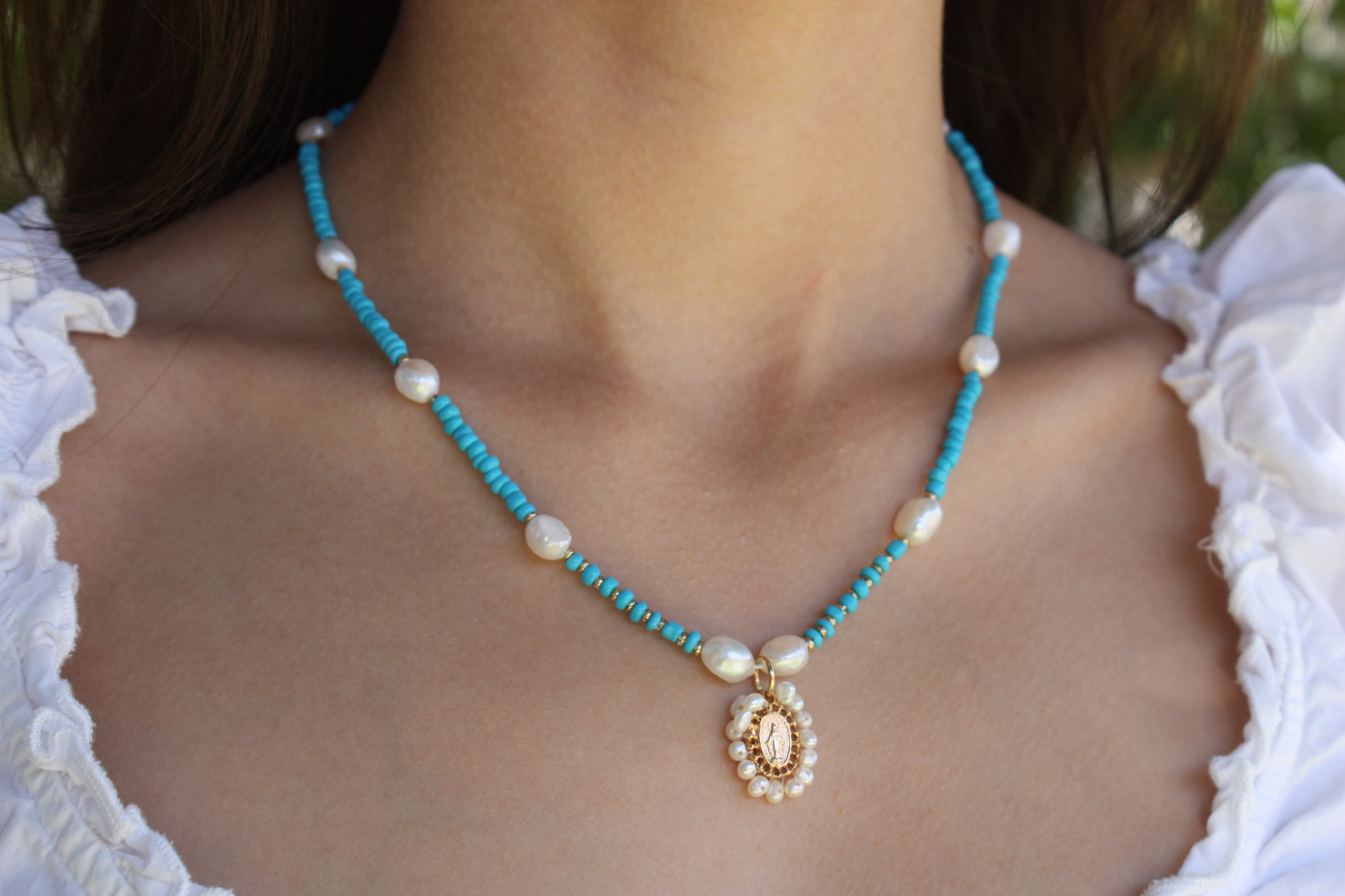 Miraculous Medal Turquoise & Pearl Necklace