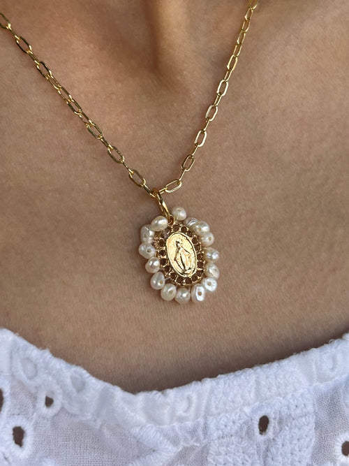 Handmade Miraculous Medal Pearl Necklace – 14K Gold Plated