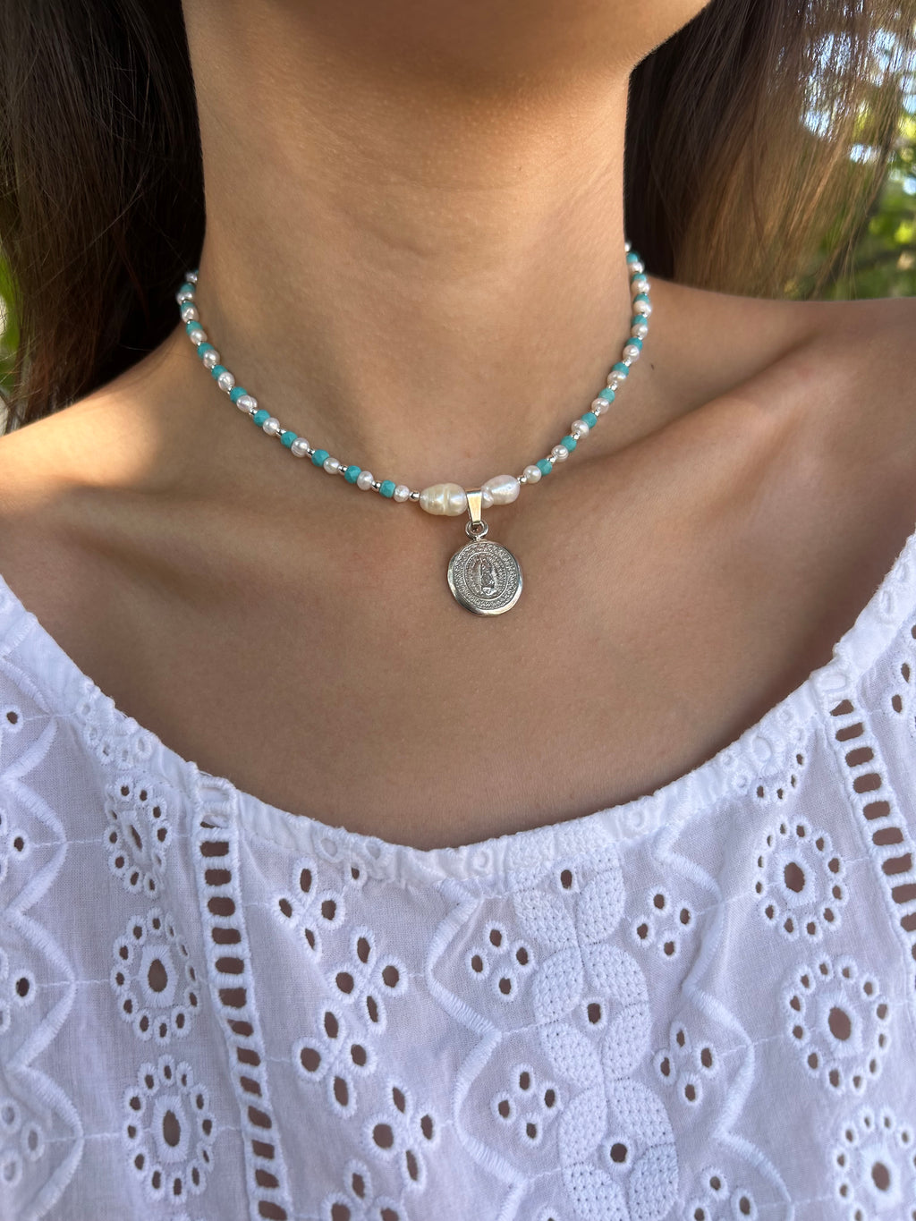 Our Lady of Guadalupe Turquoise Pearl Necklace