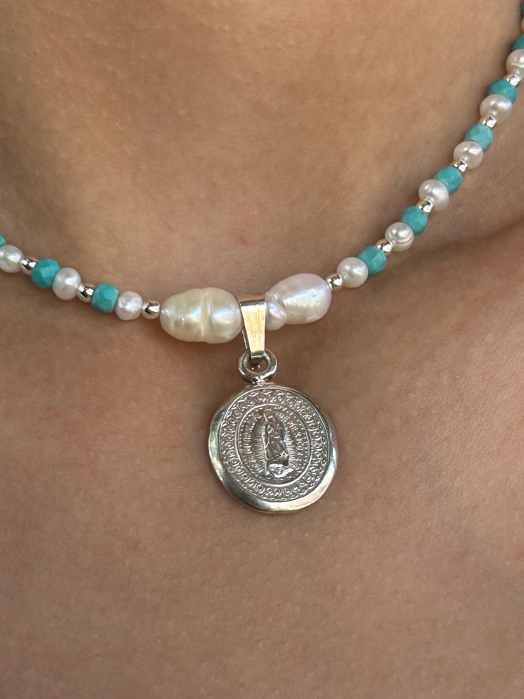 Our Lady of Guadalupe Turquoise Pearl Necklace