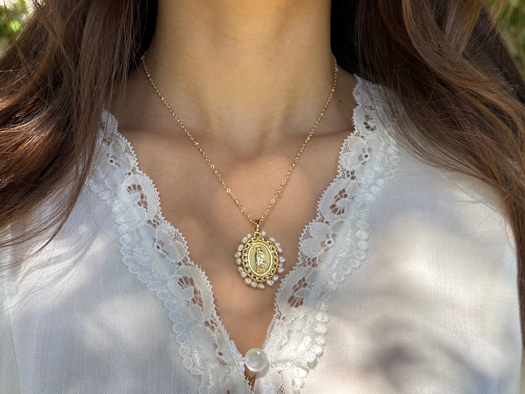 Our Lady of Guadalupe Dainty Pearl Necklace