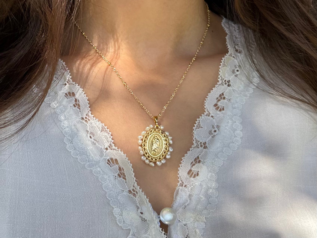Our Lady of Guadalupe Dainty Pearl Necklace