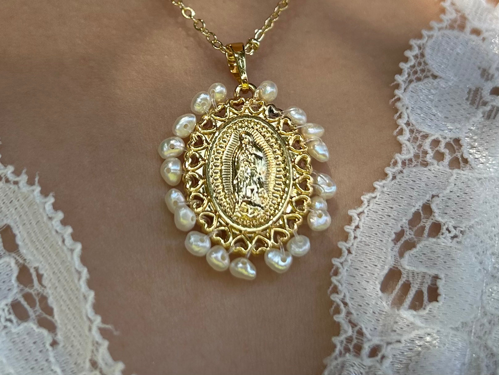 Our Lady of Guadalupe Dainty Pearl Necklace