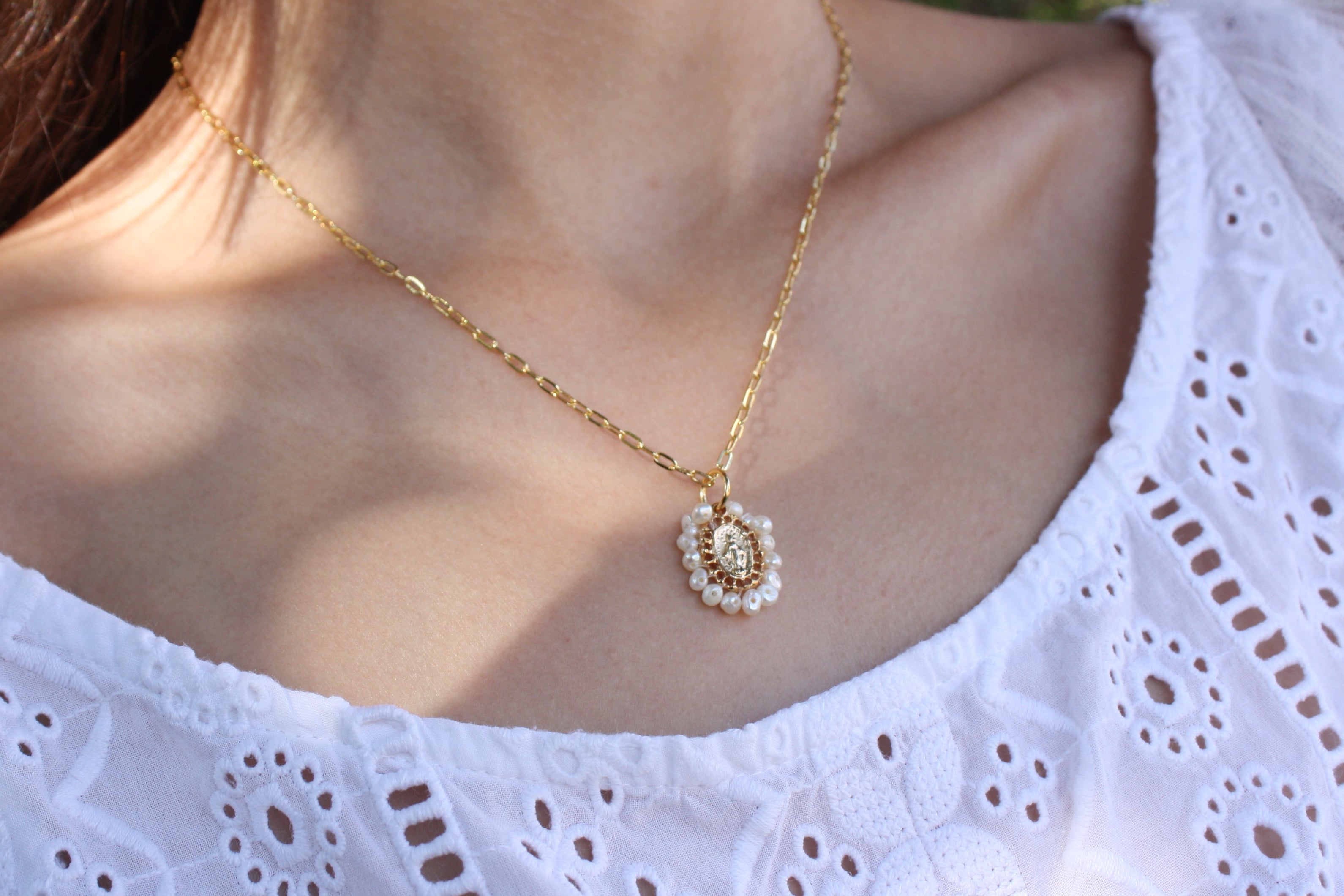 Handmade Miraculous Medal Pearl Necklace – 14K Gold Plated
